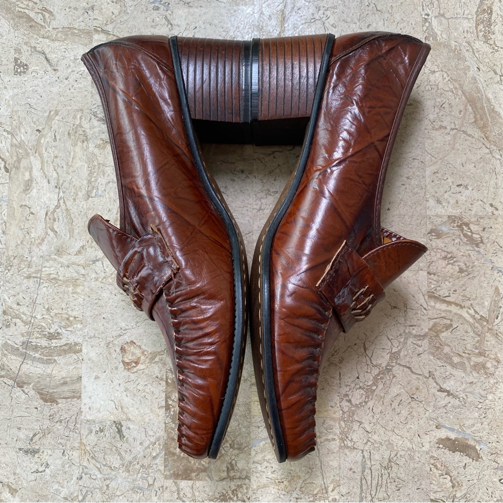Vintage Brown Leather Slip On Penny Loafers Block Heel Size 8.5 M/W - Picture 2 of 12